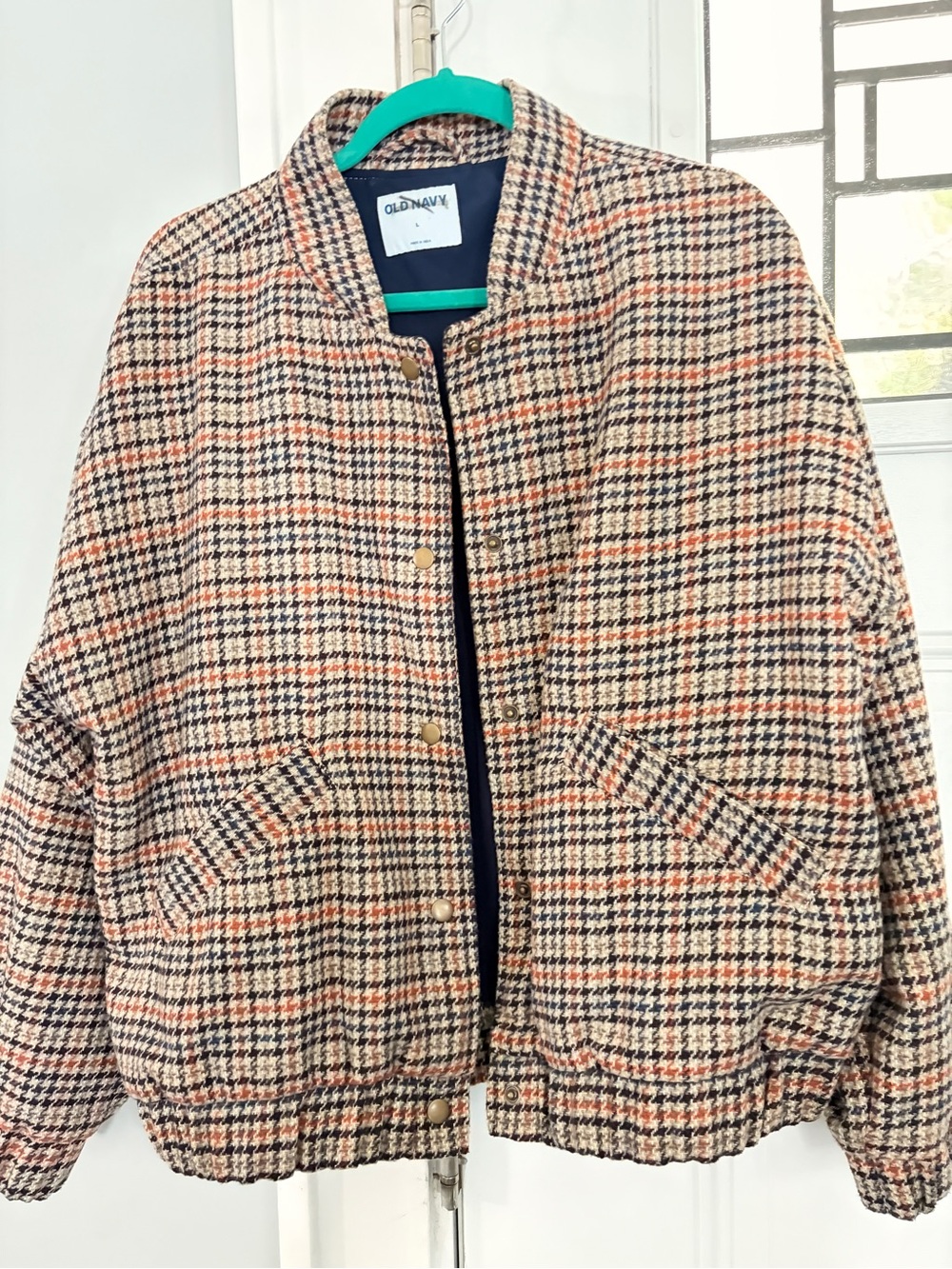 Old Navy Houndstooth Bomber Jacket - Beige, Black, Orange